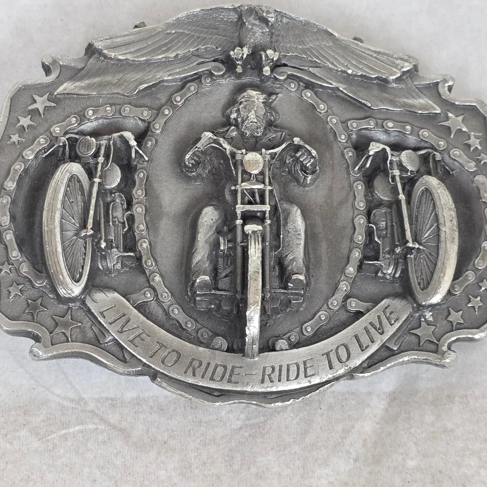 Vintage 1987 Bergamot 3d Pewter Motorcycle Belt Buckle‎ V-45 Live to Ride Eagle